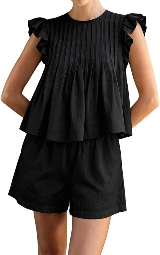 Womens 2 Piece Outfits Cotton Ruffle Sleeve Pintuck Top and Shorts | Amazon (US)