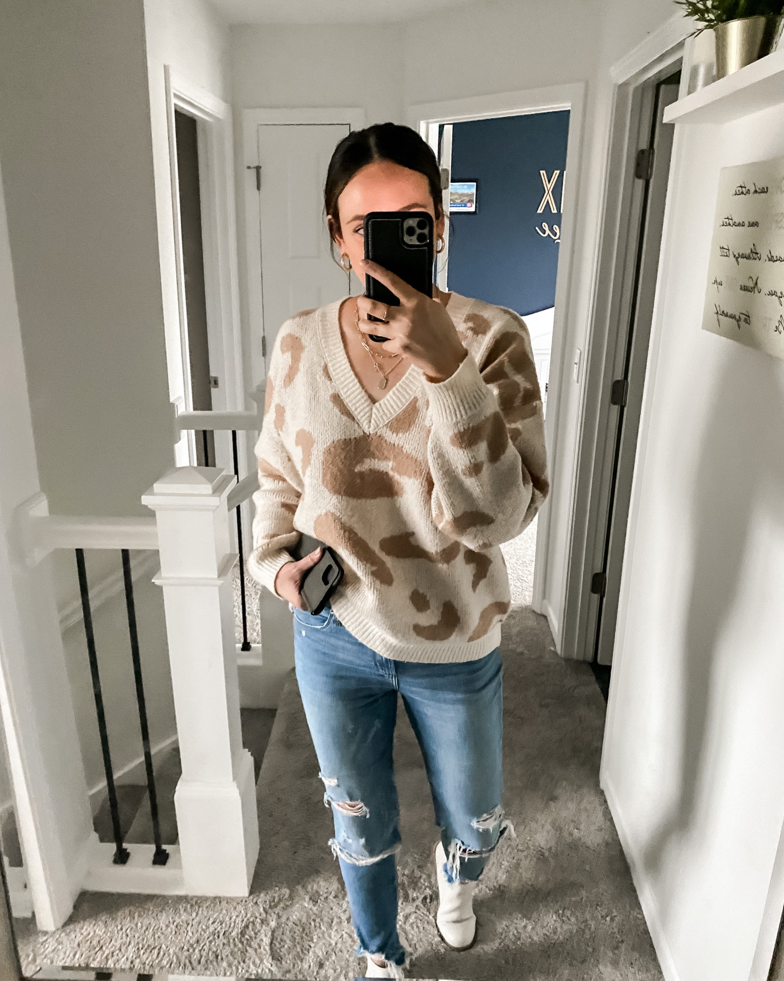 Sweater. Everyday look. Leopard sweater. Women’s jeans. Ripped jeans. Casual look. Layered necklace. Gold jewelry. Booties. White booties. 

#LTKFind #LTKstyletip #LTKshoecrush