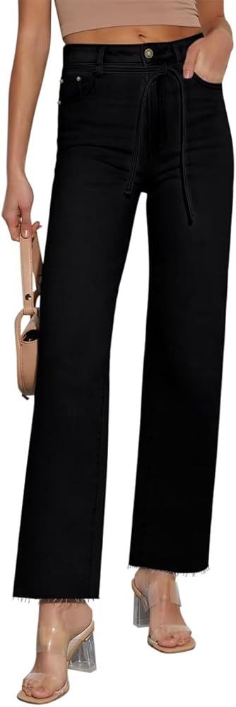 KDF Straight Leg Jeans for Women High Waisted Jeans Frayed Baggy Pants Raw Hem Loose Stretchy Cro... | Amazon (US)