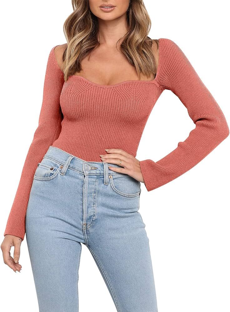 ANRABESS Womens Long Sleeve Sweetheart Neck Stretch Ribbed Knit Slim Fit Solid Crop Sweater Top | Amazon (US)