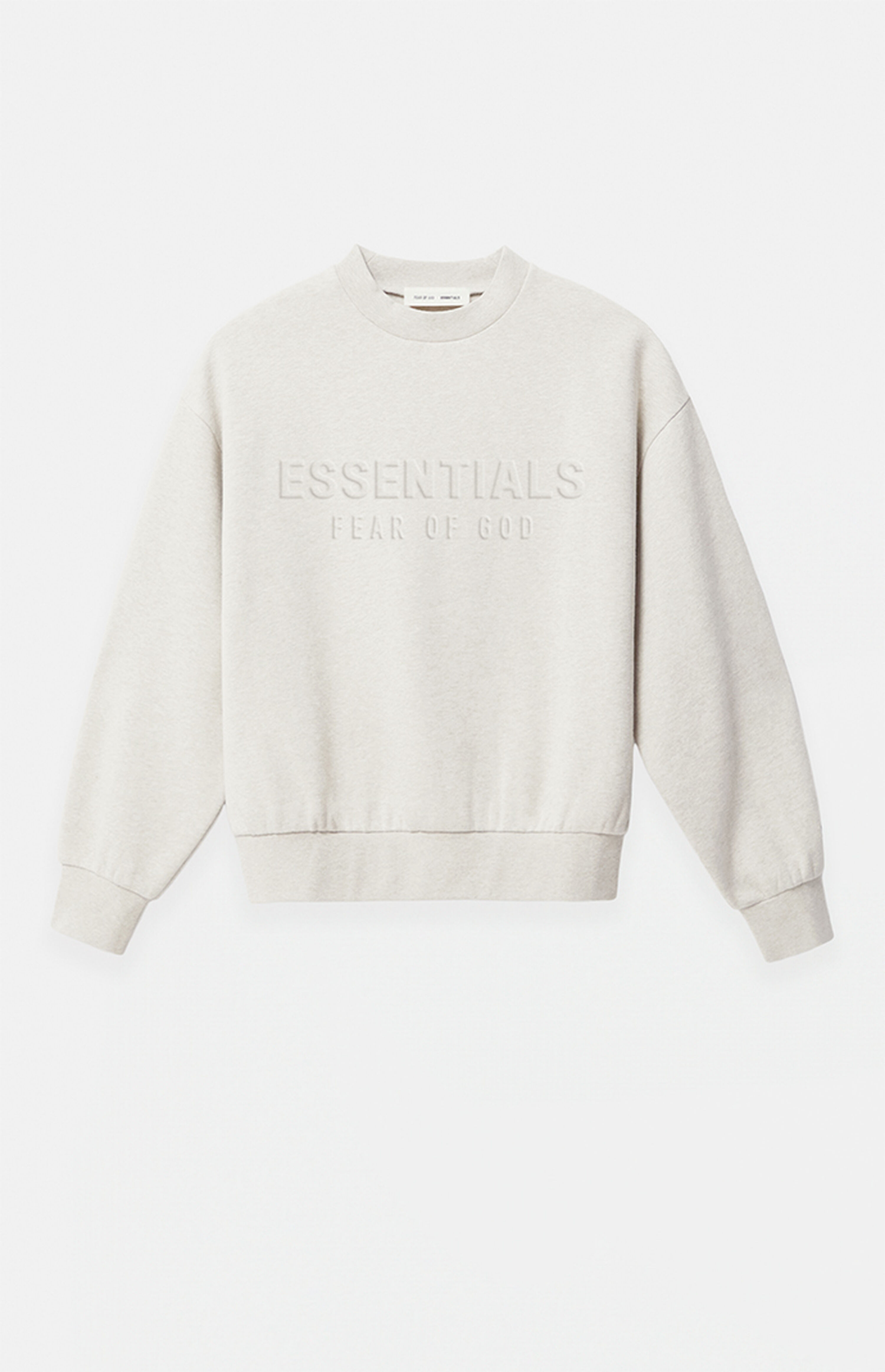 Fear of God ESSENTIALS Heather Oatmeal Embossed Classic Crew Neck Sweatshirt | PacSun