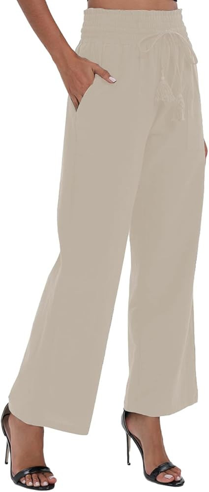 Famulily Womens Casual Cotton Linen Wide Leg Lounge Pants Ladies Elasticated High Waist Drawstrin... | Amazon (CA)