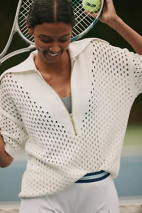 Varley Teagan Boxy Half-Zip Polo Top By Varley in White Size XS | Anthropologie (US)