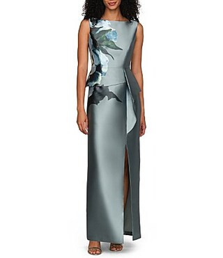 Kay Unger Eden Boat Neck Sleeveless Floral Placement Print Ruffle Peplum Mikado Column Gown -  8 | Dillard's