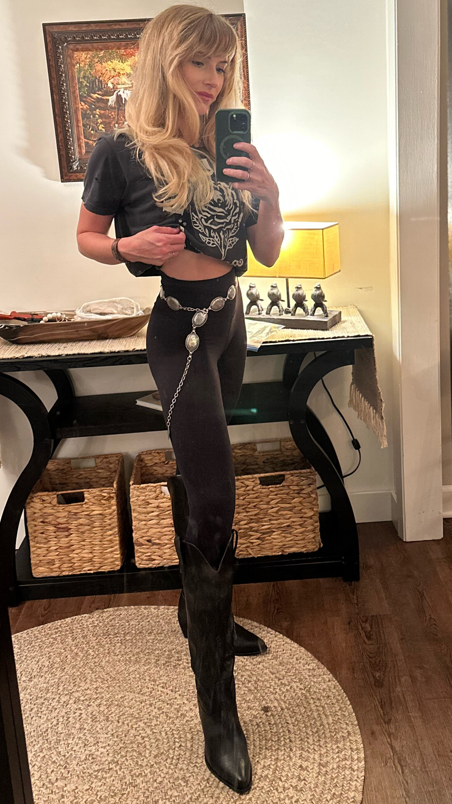 From a lingerie party to a night out in full Western vibes 🤠✨ Rocking these sleek black leggings, classic boots, and my fave silver conch belt to cinch it all together! Paired with a bold graphic tee and layered turquoise jewelry for that extra pop of color. This outfit was all about mixing comfort with statement pieces for a fun night out! Tap to shop this look and add a little Western flair to your wardrobe! 🖤💫 #WesternStyle #NightOutLook nder100 #ShopMyLook

#LTKU #LTKHalloween #LTKStyleTip