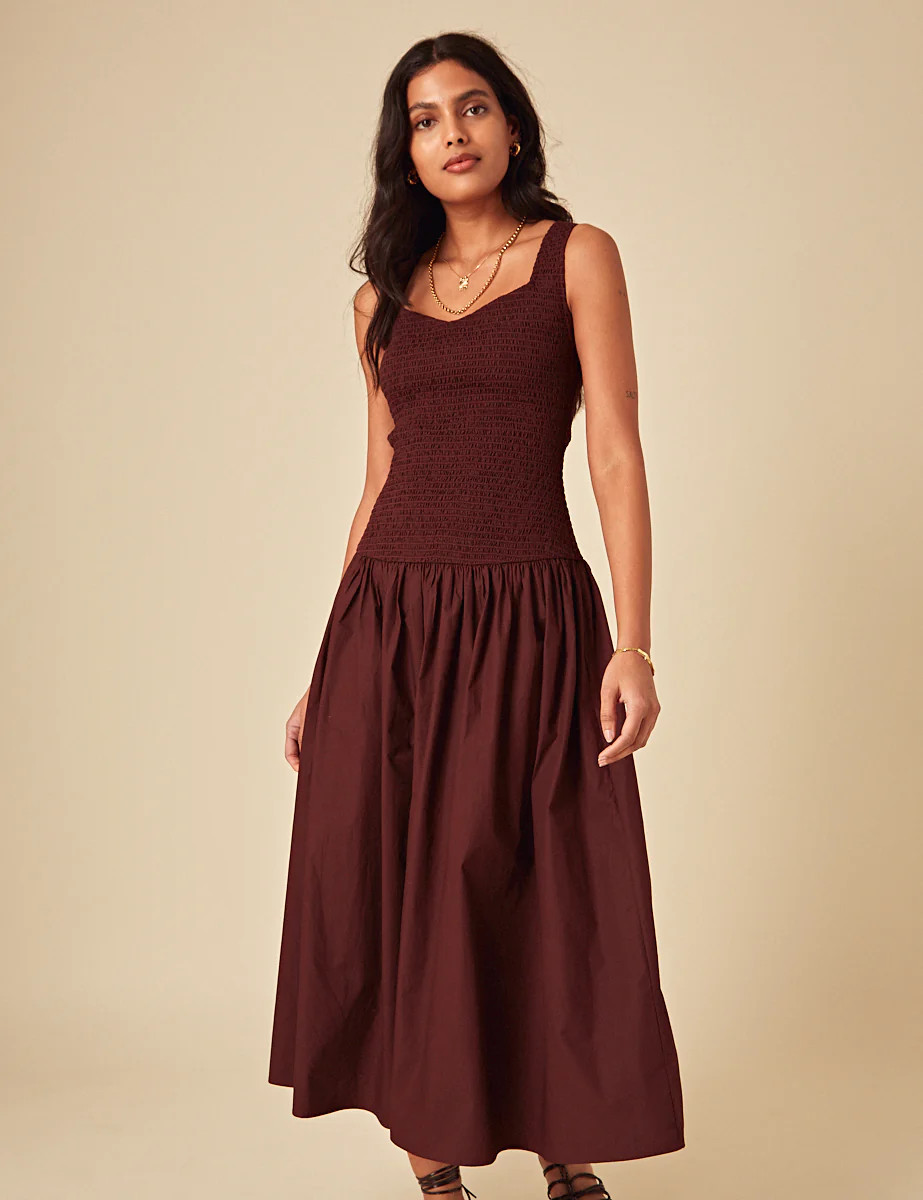 Brown Ruched Drop Waist Thalia Midi Dress | Nobody's Child