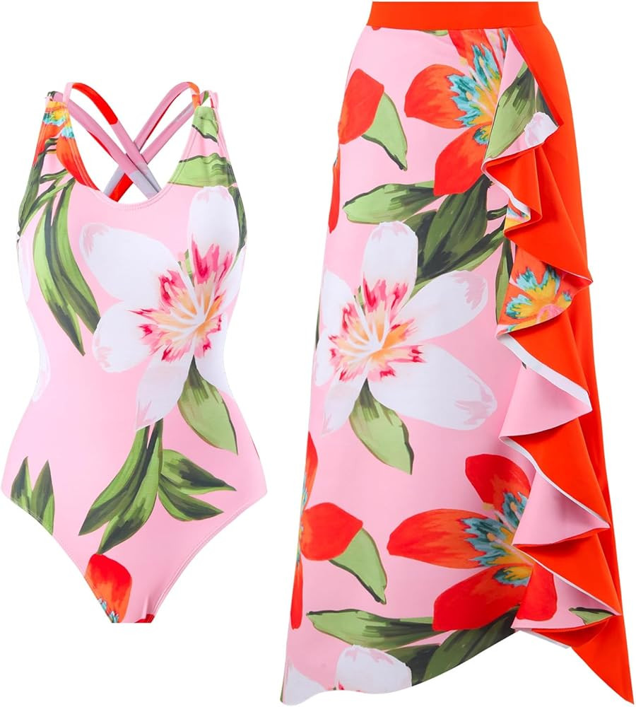 IMEKIS Womens 2 Piece Swimsuit with Cover Ups Set Retro Floral Print One Piece Swimwear Sarong Su... | Amazon (US)