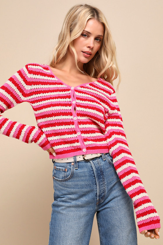 Adoring Darling Red and Pink Striped Cardigan Sweater | Lulus