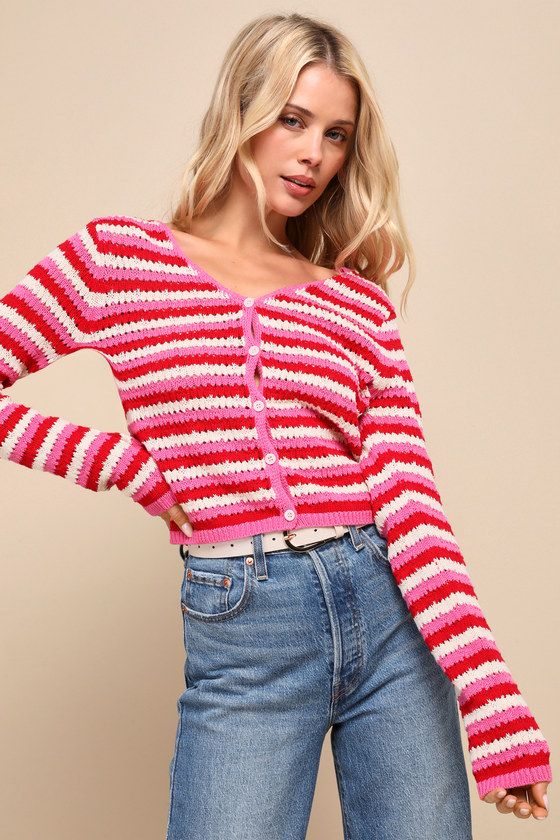 Adoring Darling Red and Pink Striped Cardigan Sweater | Lulus