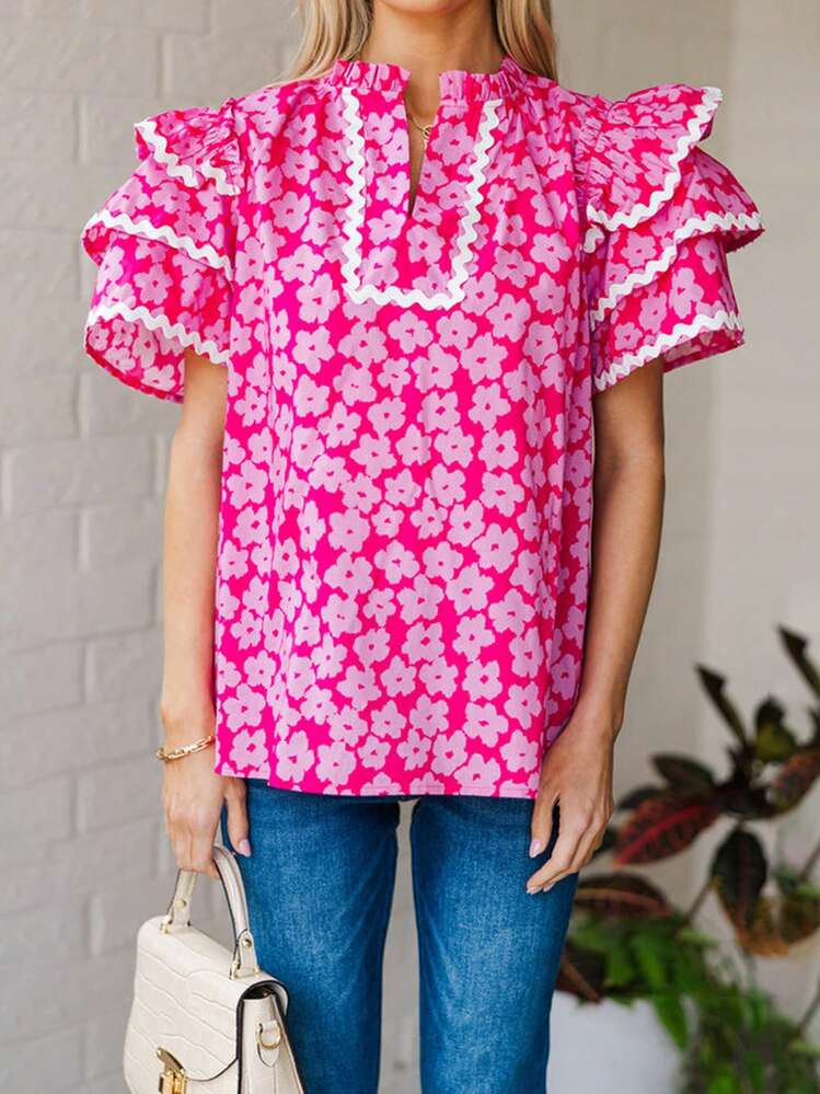 Women T-Shirt V Neck Short Sleeve Flower Print Loose Summer Tops For Casual Daily | SHEIN