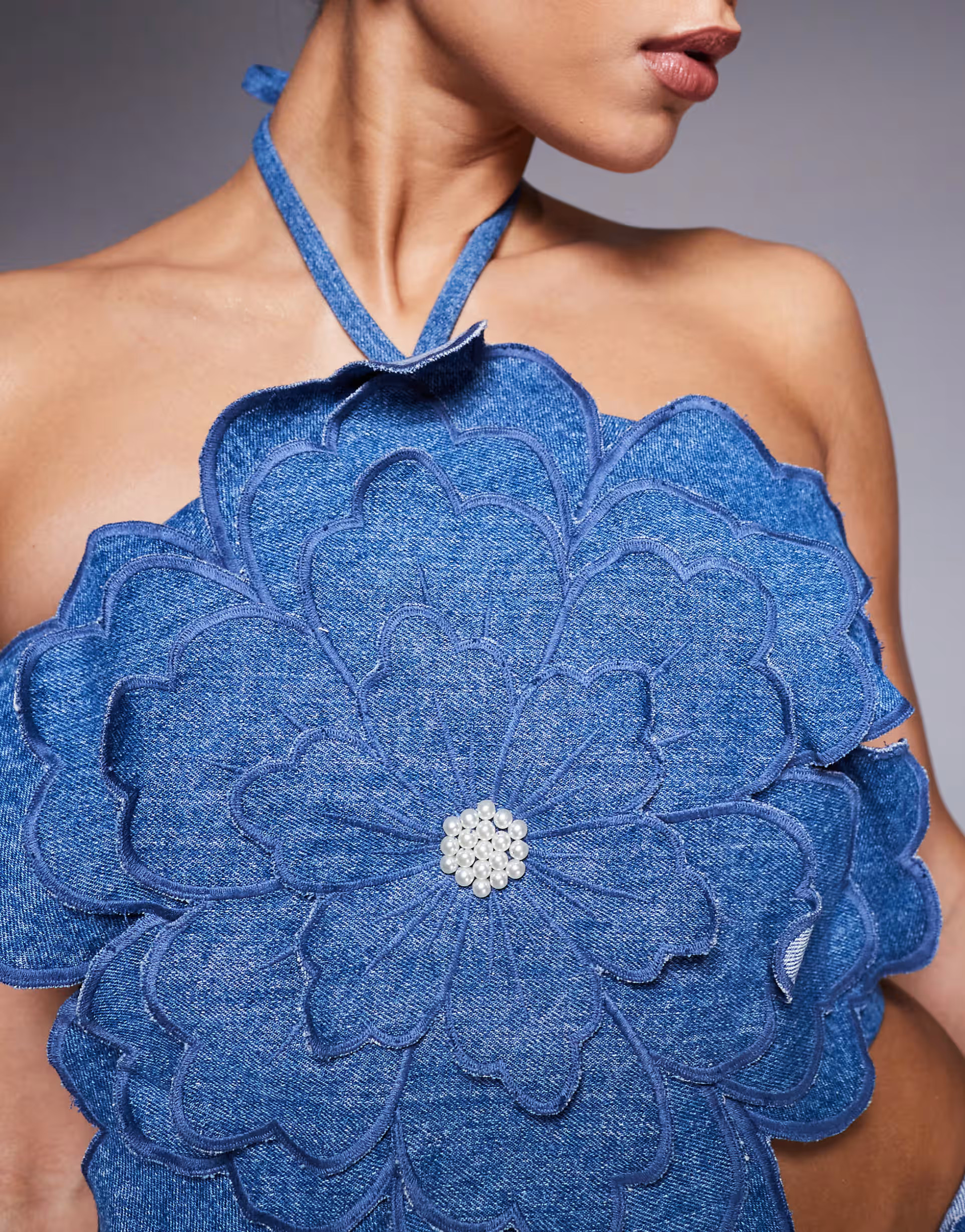 ASOS LUXE denim 3D flower top with pearl embellishment in dark wash blue - part of a set | ASOS (Global)