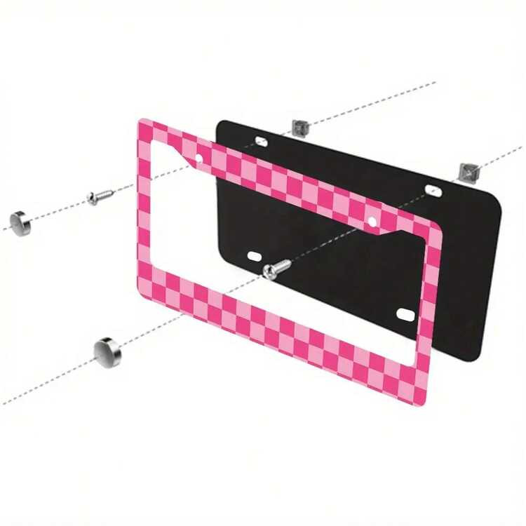 1pc Aluminum License Plate Frame - Checkered Print, 6x12 Inches US Standard Size, Pink & White Du... | SHEIN