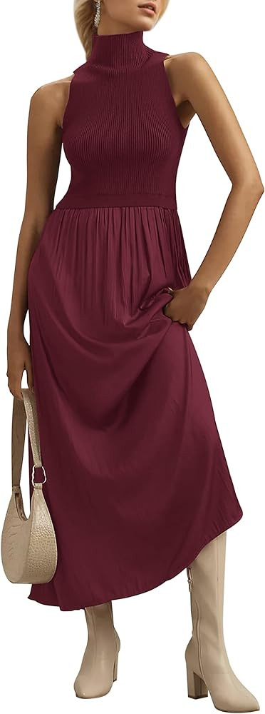 Meladyan Women’s Sleeveless Turtle Neck Maxi Dress Patchwork Casual Solid Flowy Knitted Long Dr... | Amazon (US)