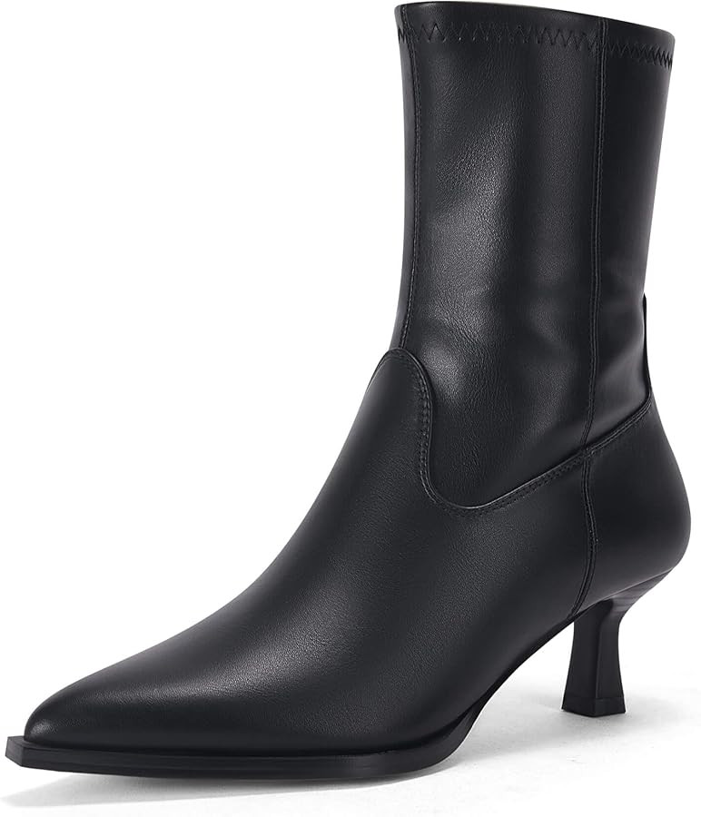 Coutgo Womens Pointed Toe Ankle Boots Stacked Kitten Low Heel Side Zipper Fall Booties Shoes | Amazon (US)