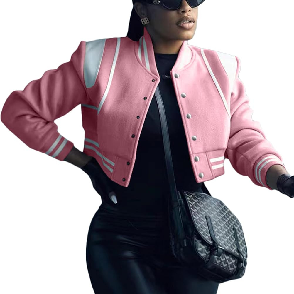Fooullaide Womens Cropped Varsity Letterman Bomber Jackets Long Sleeve Button Down Fall Casual Ba... | Amazon (US)