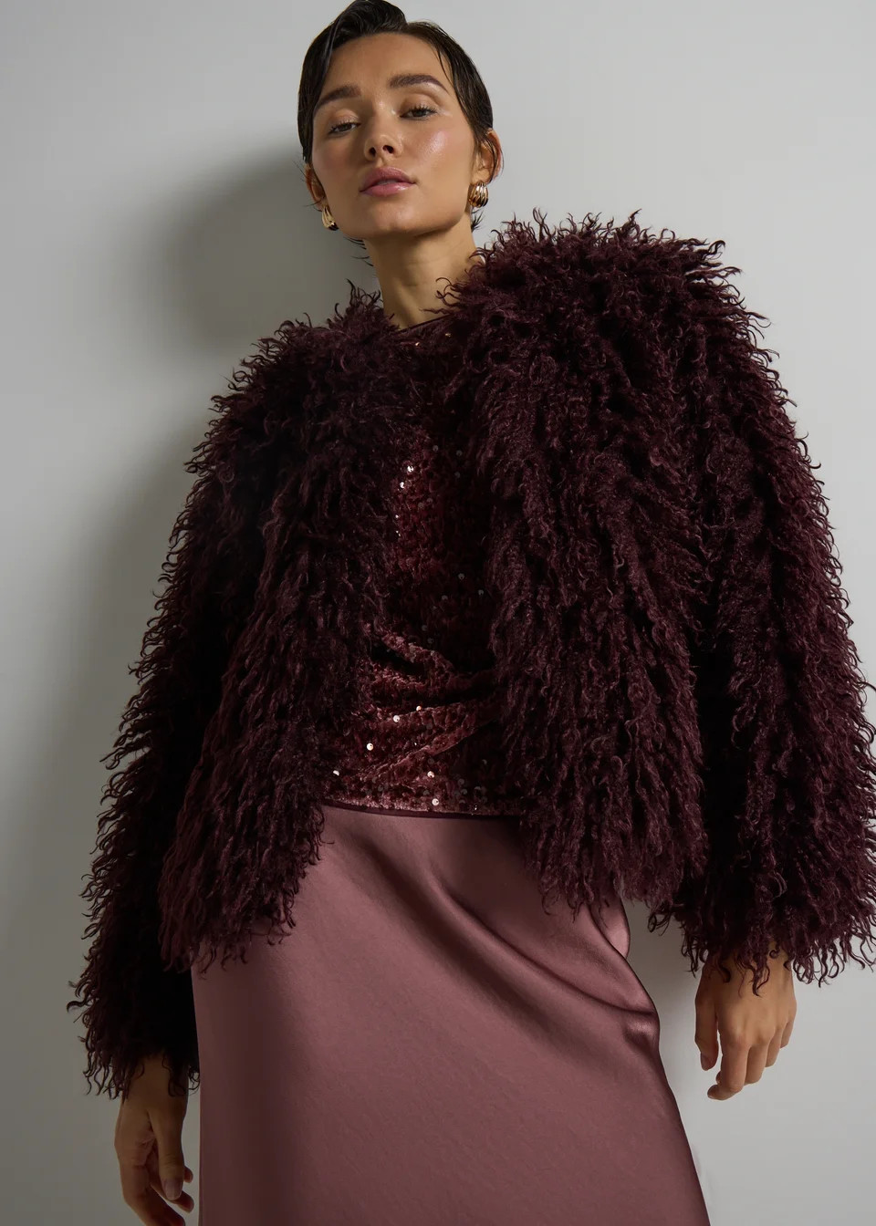 Et Vous Burgundy Mongolian Faux Fur Jacket | Matalan (UK)