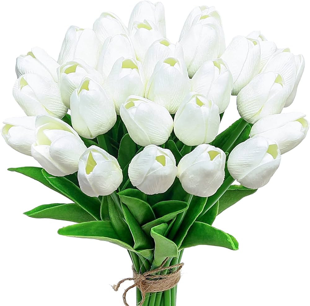 White Fake Tulips Artificial Flowers - 24 Pcs Artificial Silk White Tulips Faux Flowers with Stem... | Amazon (US)