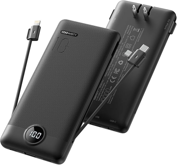 Portable Charger with Wall Plug, Slim USB C Power Bank with Built-in Cables, 10000mah LED Display... | Amazon (US)