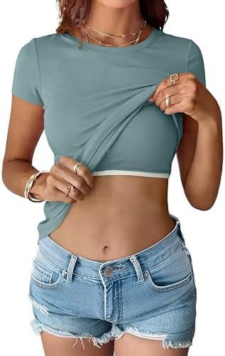 ANRABESS Womens Short Sleeve Tops Built in Bra 2026 Summer T Shirts Slim Fitted Going Out Y2K Bas... | Amazon (US)