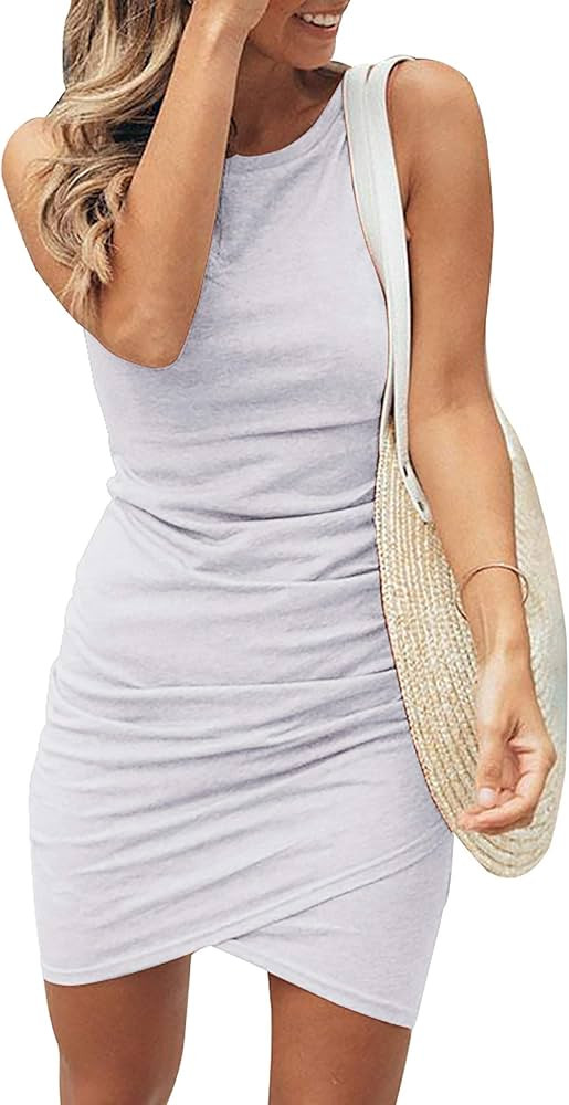 BTFBM Women 2024 Summer Sleeveless Tank Dresses Crew Neck Slim Fit Short Casual Ruched Bodycon Pa... | Amazon (US)