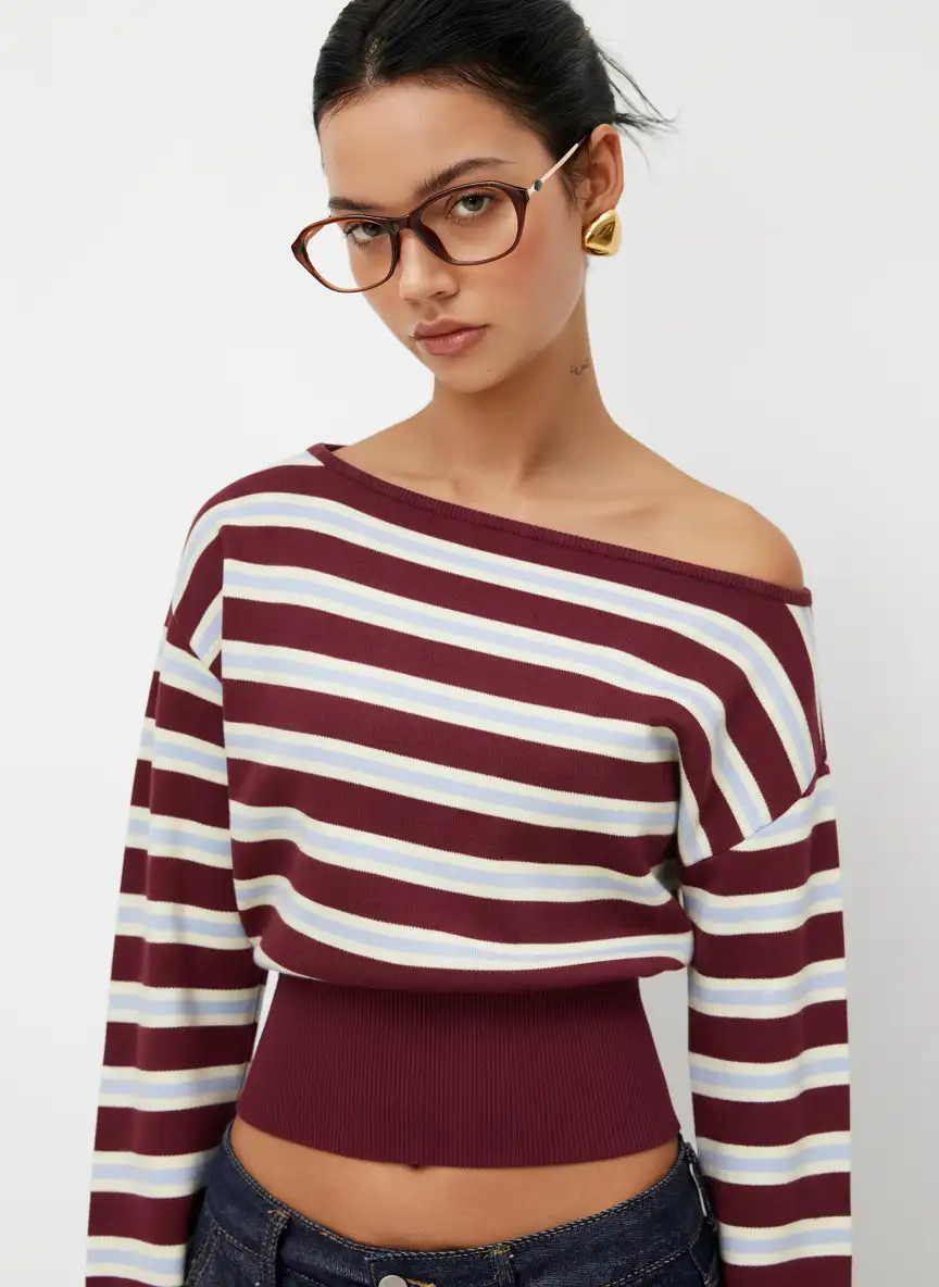 Knit Asymmetrical Neck Striped Sweater | Cider