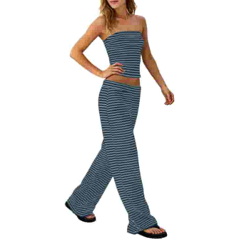 Womens Striped 2 Piece Sets Summer Strapless Crop Tube Tops Wide Leg Pants Matching Loungewear Se... | Walmart (US)