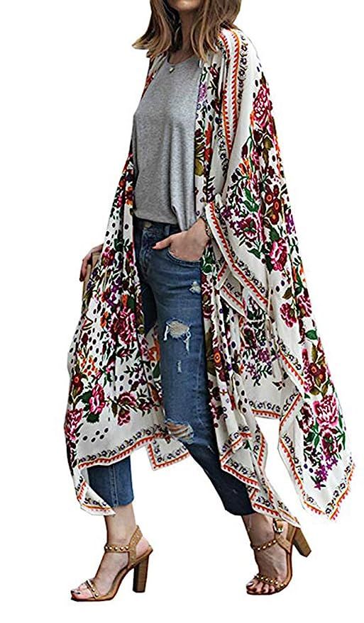 OLRAIN Women Floral Flowy Kimono Cardigan Long Bikini Beach Cover Up Loose Tops | Amazon (US)