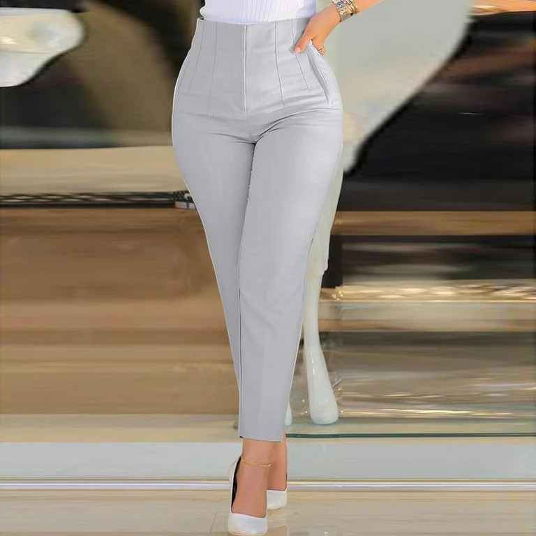 XINMidd Women High Waist Cropped Work Pants Solid Zipper Trouser Pant Casual Baggy Elastic Waist ... | Walmart (US)