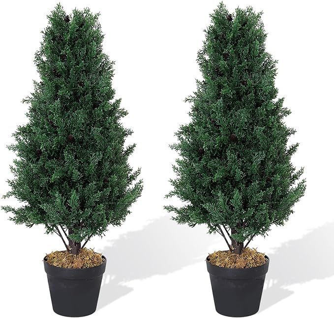 30" Topiary Trees Artificial Outdoor 2 Pack 30 Inch Faux Cedar Tower Plants with Pine Cones Set o... | Amazon (US)