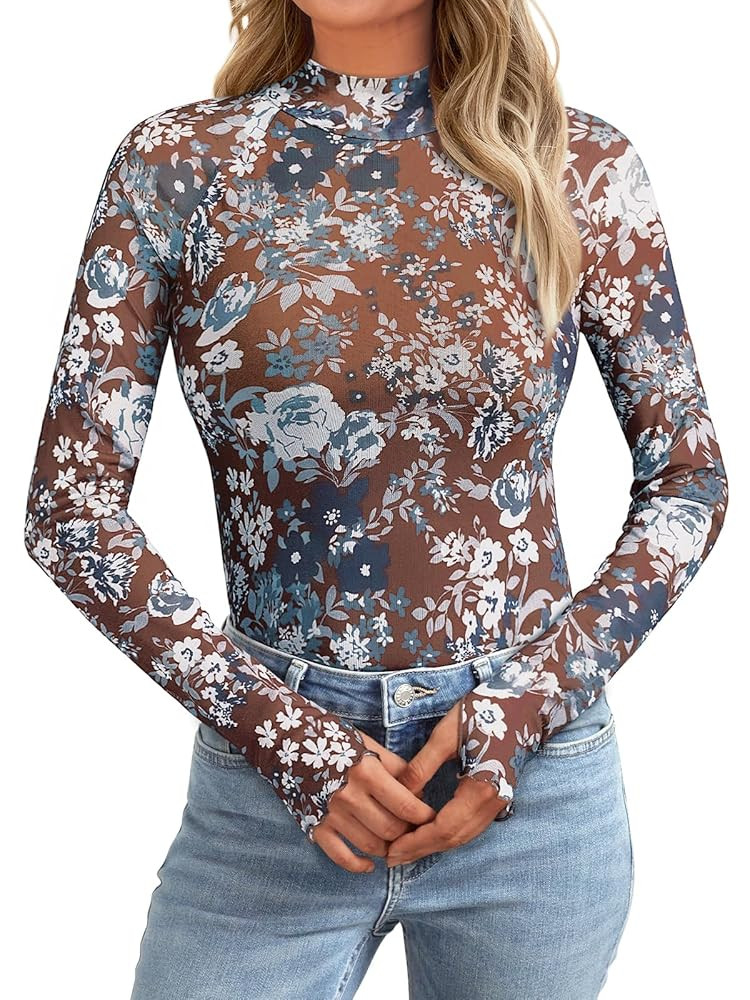 AUTOMET Lace Long Sleeve Floral Mesh Mockneck Going Out Tops for Women Fall Fashion Outfits 2025 | Amazon (US)