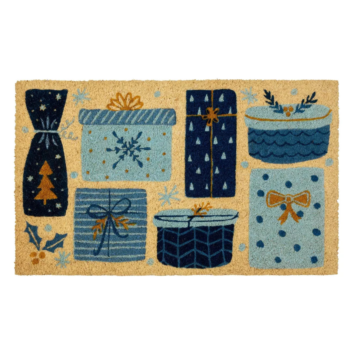 1'4" x 2'4" Christmas Presents Indoor/Outdoor Coir Doormat Blue/Gold - Entryways | Target
