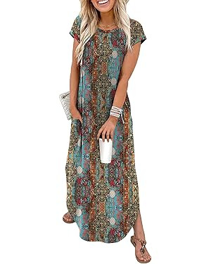 WIHOLL Summer Dresses Cap Sleeve Crewneck Maxi Long Casual Dress with Pockets Beach Vacation Sund... | Amazon (US)