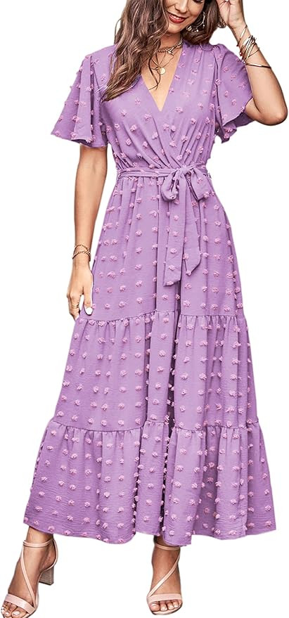 MASCOMODA Womens Boho Swiss Dot Maxi Dresses Wrap V Neck Flutter Short Sleeve Solid Tie Belt A Li... | Amazon (US)
