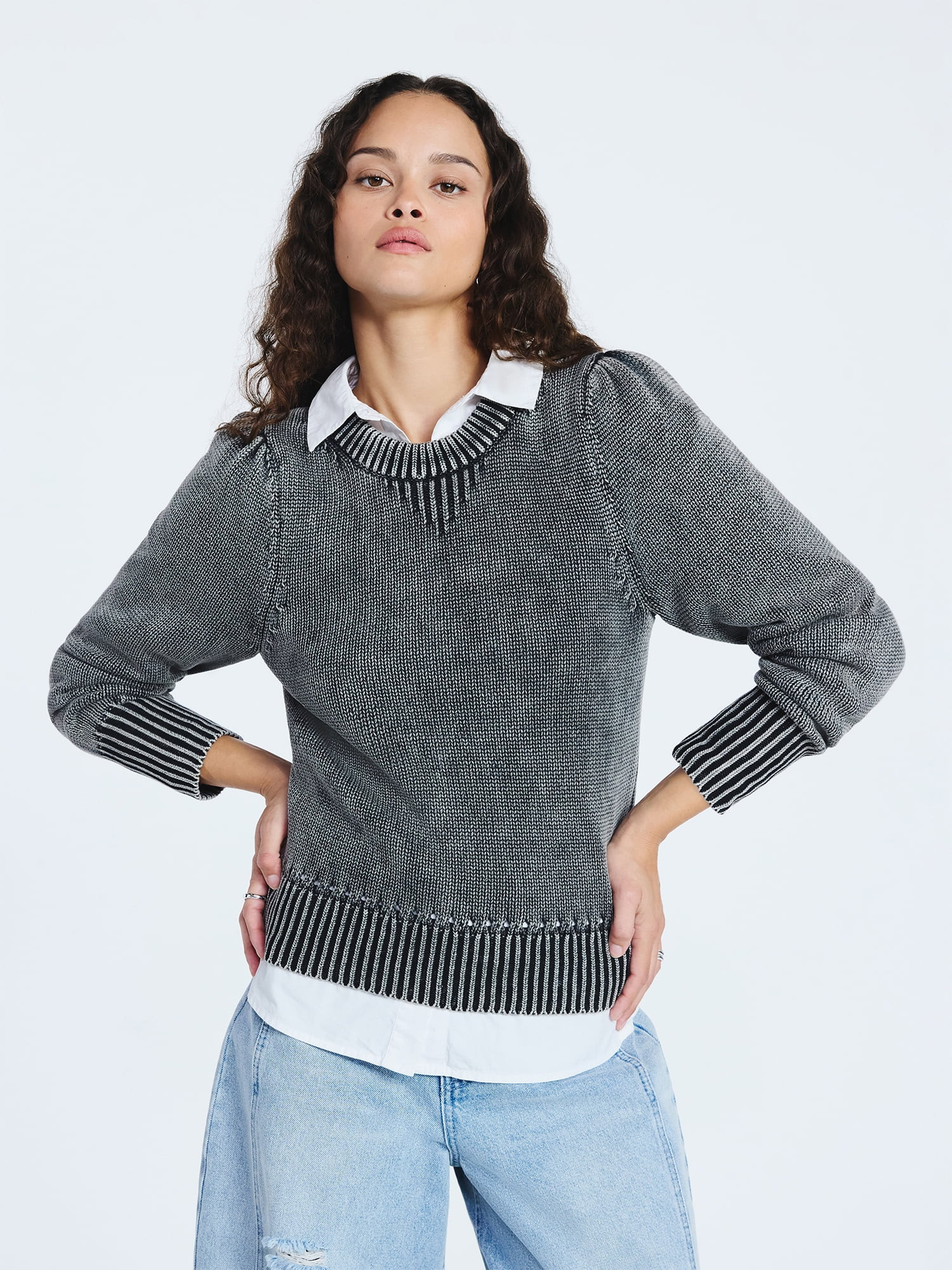 Scoop Women’s Acid Wash Cotton Sweater with Long Puff Sleeves, Midweight, Sizes XS-XXL | Walmart (US)