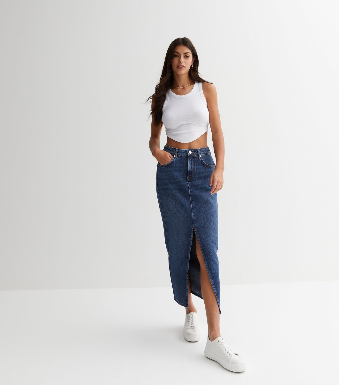 Blue Denim Mid Rise Split Front Maxi Skirt | New Look | New Look (UK)