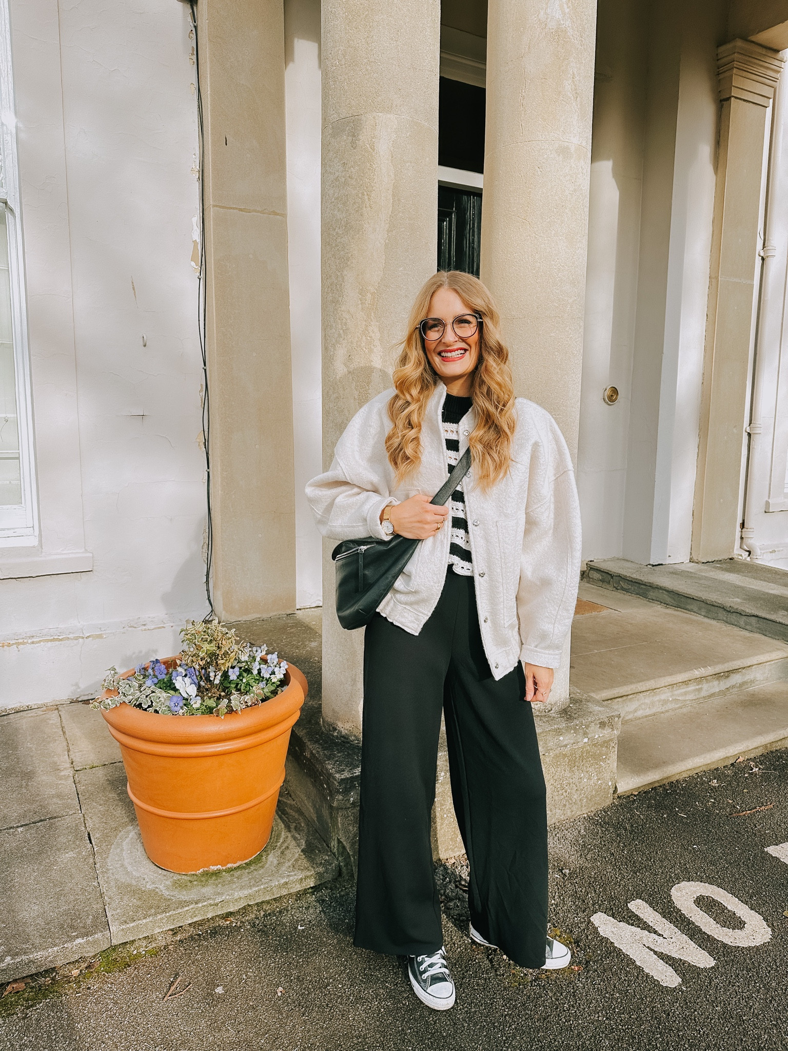 Casual outfit bomber jacket wide leg trousers stripe Breton oversized knitwear crossover bag 

#LTKeurope #LTKSeasonal #LTKFind