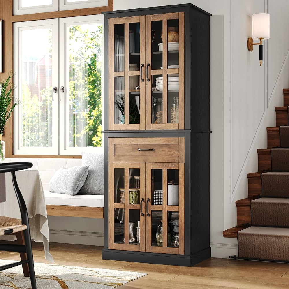 FOTOSOK 71'' Tall Kitchen Cabinet with Glass Doors and Drawer, Freestanding Food Pantry with Adju... | Amazon (US)