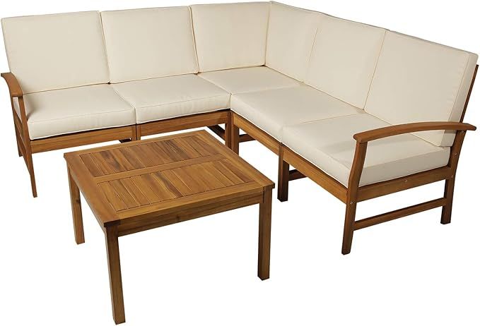 Outsunny 6-Piece Acacia Wooden Patio Furniture Conversation Chat Set Backyard Corner Sofa Tables-... | Amazon (US)