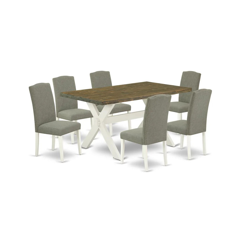 7-Piece Beautiful Rectangular Dining Room Table Set an Excellent Distressed Jacobean Wood Table Top and 6 Lovely Linen Fabric Parson Dining Chairs | Shop Simon