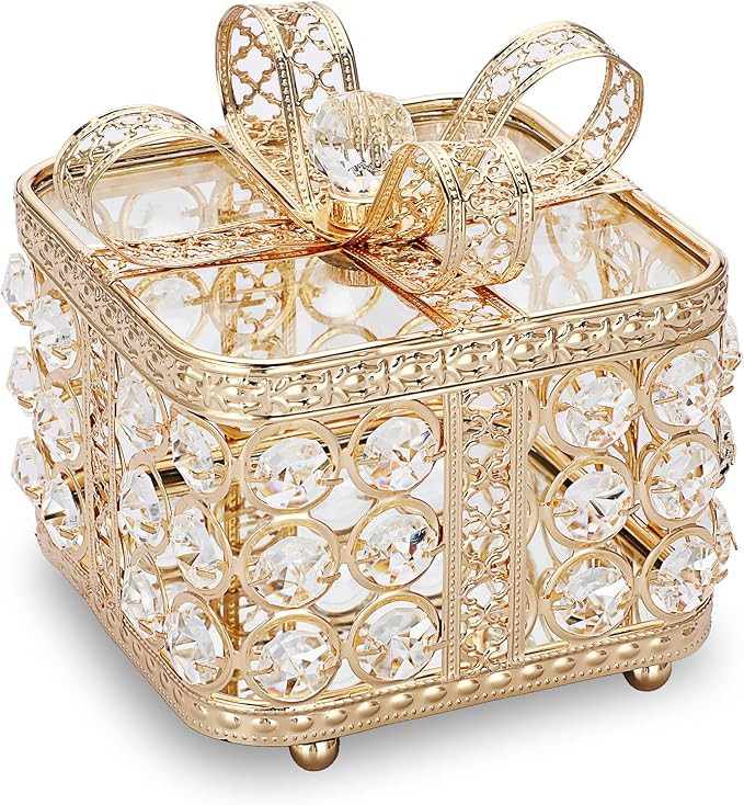 Hipiwe Vintage Crystal Jewelry Box Gold Glass Trinket Organizer Sparkly Treasure Box Earrings Rin... | Amazon (US)
