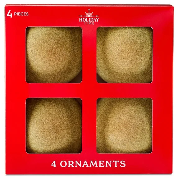 Beige Flocked Ball Christmas Ornaments, 4.5", 4 Count, by Holiday Time | Walmart (US)
