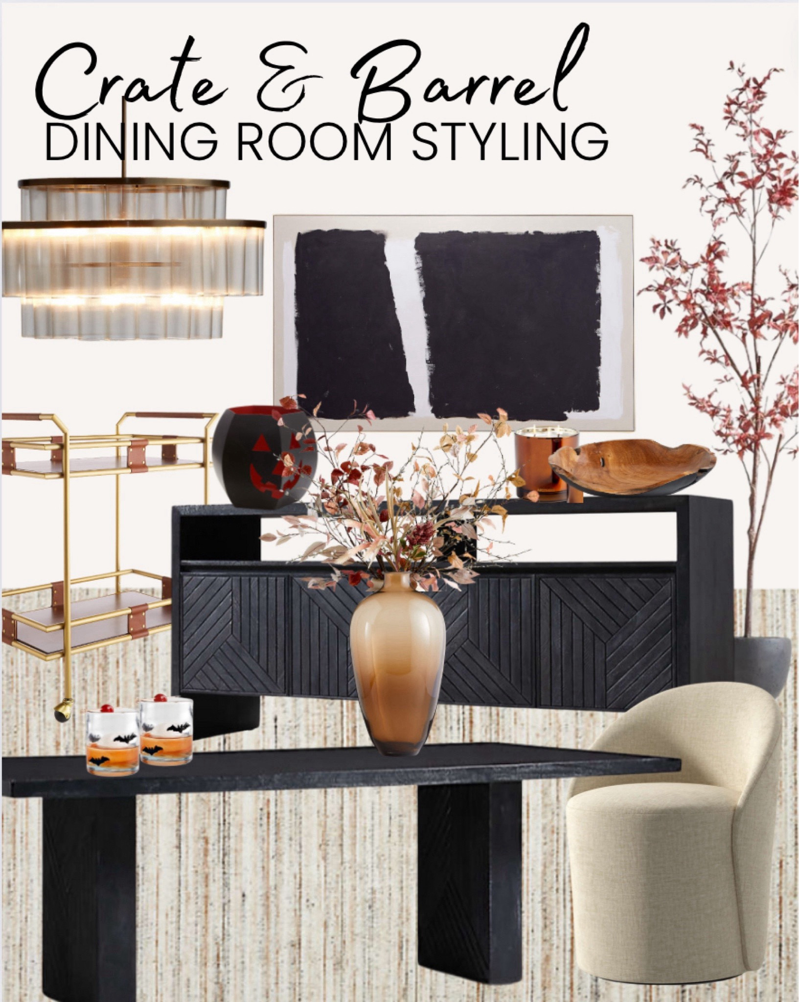 Crate & Barrel Fall Decor Edit. Beautiful solid black wood sideboard and dining table paired with textured dining chairs. Adding rich warm brown tones. Ground the room with a neutral wool area rug and on the ceiling a Brass & Glass Chandelier. 🤎🖤

#ltkcanada #ltkautumn

#LTKFallSale #LTKStyleTip #LTKHome
