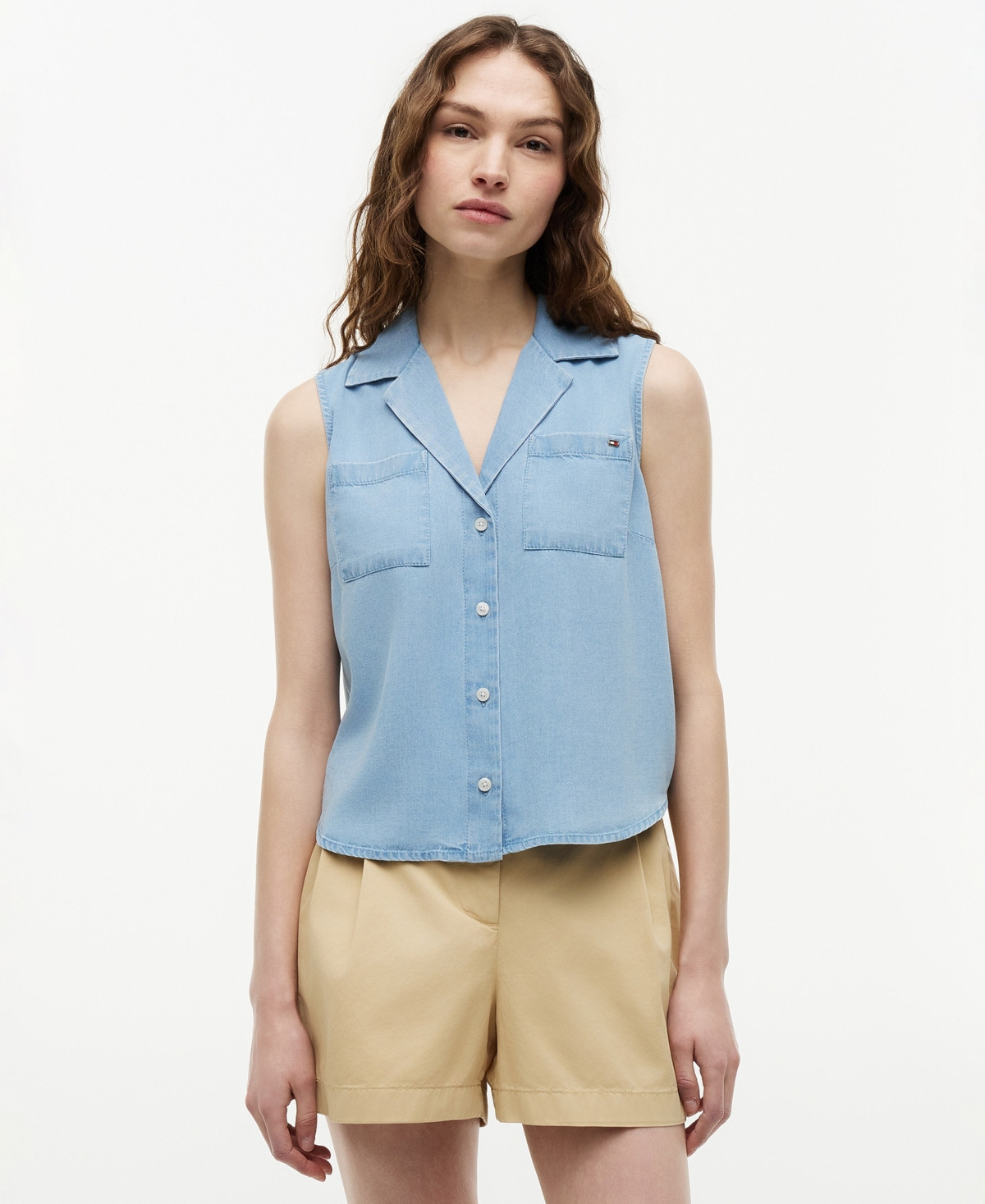 Tommy Hilfiger Women's Collared V-Neck Sleeveless Shirt - Chambray | Macy's