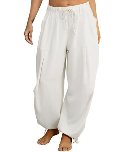 TITOMD Women's Linen Balloon Barrel Beach Pants Boho Harem Flowy Drawstring Casual Loose Pants with Pockets (US, Alpha, Medium, Regular, Regular, White) | Amazon (US)