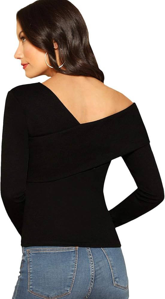Romwe Women's Casual Cross Off Shoulder Deep V Neck Ribbed Knit Slim Wrap Tee Shirt Blouse | Amazon (US)