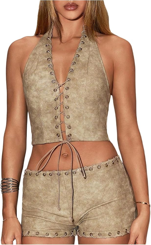 MakeMeChic Women's Y2K Low Rise Grommet Eyelet Shorts PU Leather Summer Vintage Mini Shorts | Amazon (US)