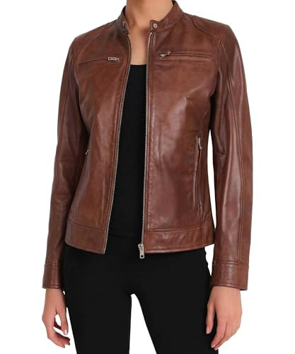 J'Jackin Tan Leather Jackets Women - Real Lambskin Casual Womens Leather Jacket | Ddge Cognac, Medium | Amazon (US)