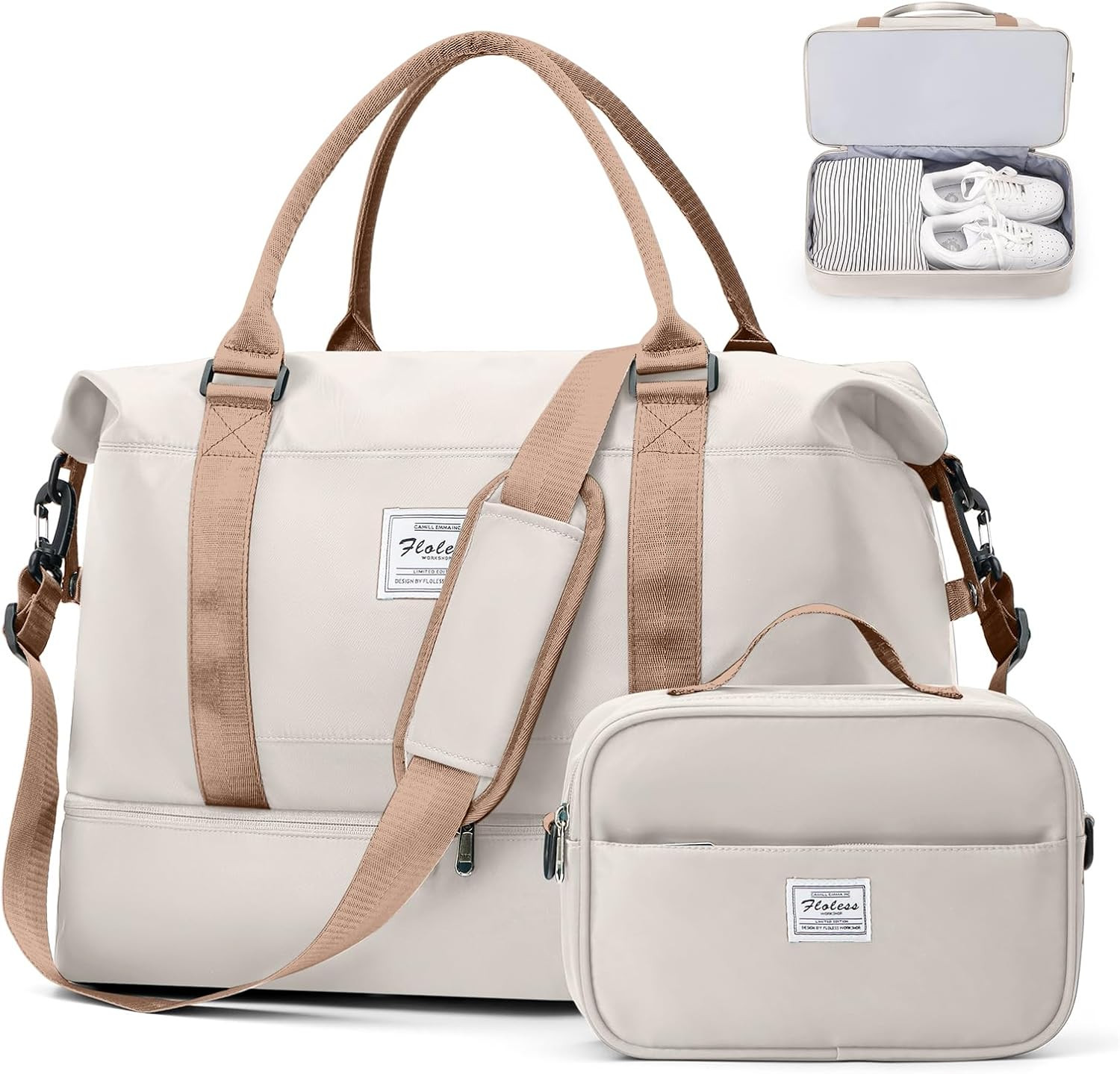 Weekender Bags for Women, Travel Duffel Bags with Shoe Compartment,Personal Item Travel Bag for Airlines, Carry on Overnight Tote Bag for Women with Toiletry Bag，Beige&Brown | Amazon (US)