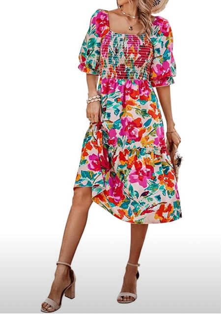 Women's Summer Casual Midi Dress Spring Puff Sleeve Square Neck A-line Flowy Boho Floral Smocked Dresses

#LTKfindsunder50 #LTKsalealert #LTKstyletip