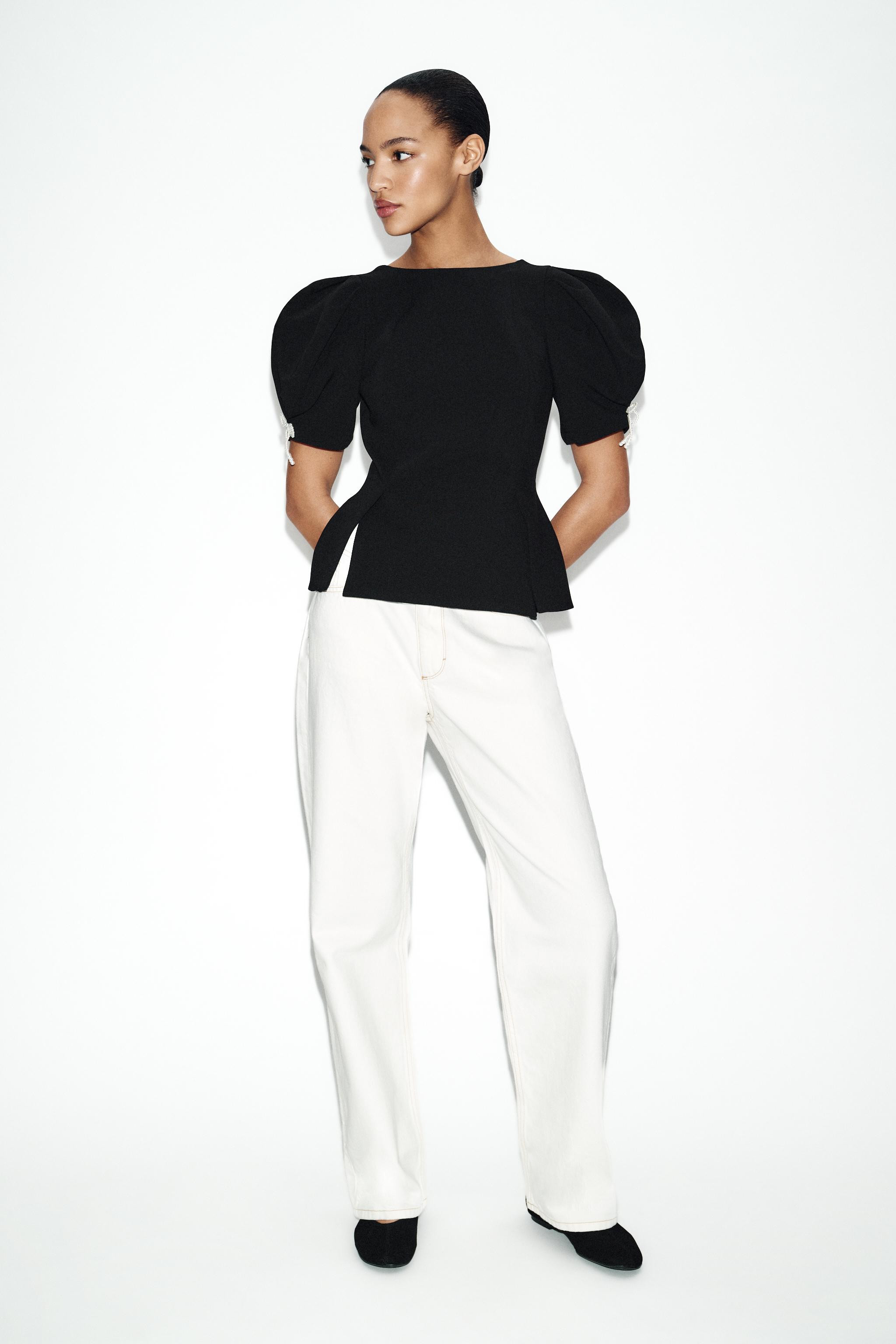 PEARL BOW BALLOON SLEEVE TOP | Zara US